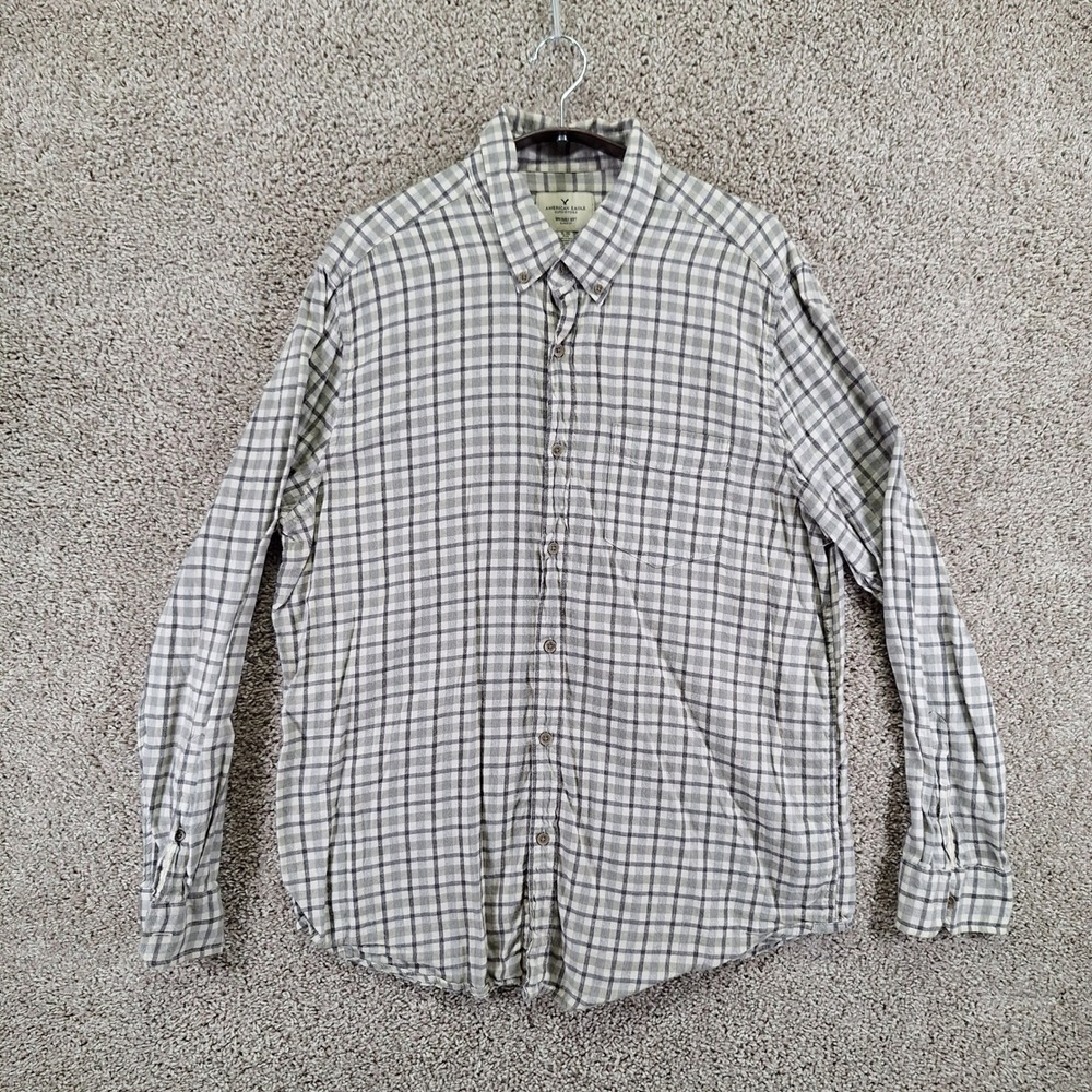 American Eagle Button Up Shirt Mens XL Grey Seriously Soft Classic Fit Plaid‎